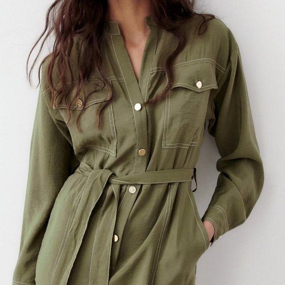 NEW Zara Olive Green Modal Long Sleeves Contrasting Topstitch Belted Jumpsuit S - Picture 5 of 9
